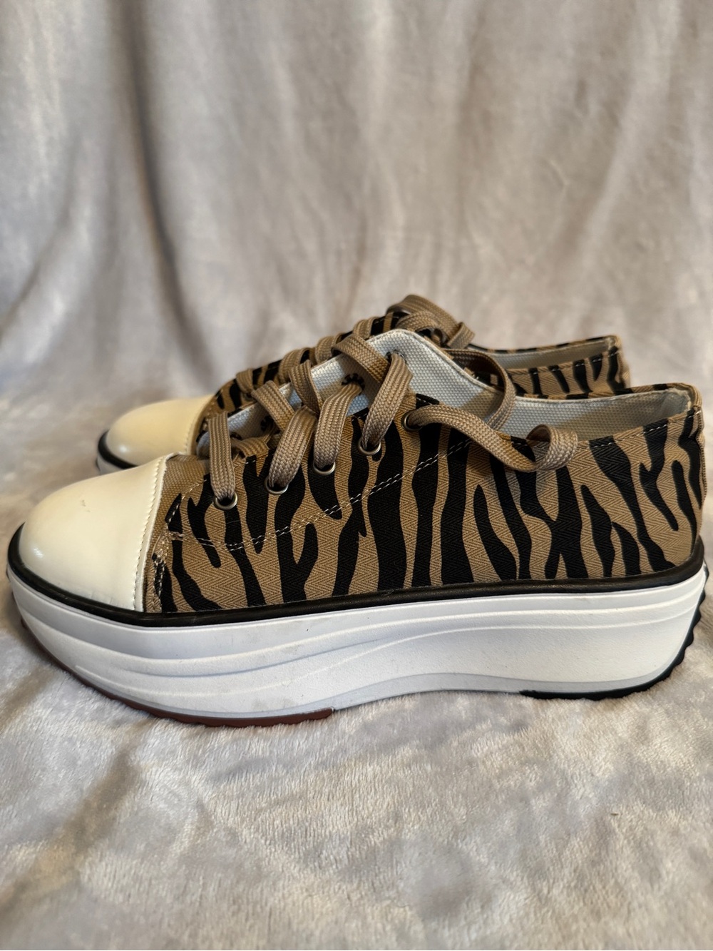 Platform Tiger-Print Lace-Up Sneakers in Tan and Black